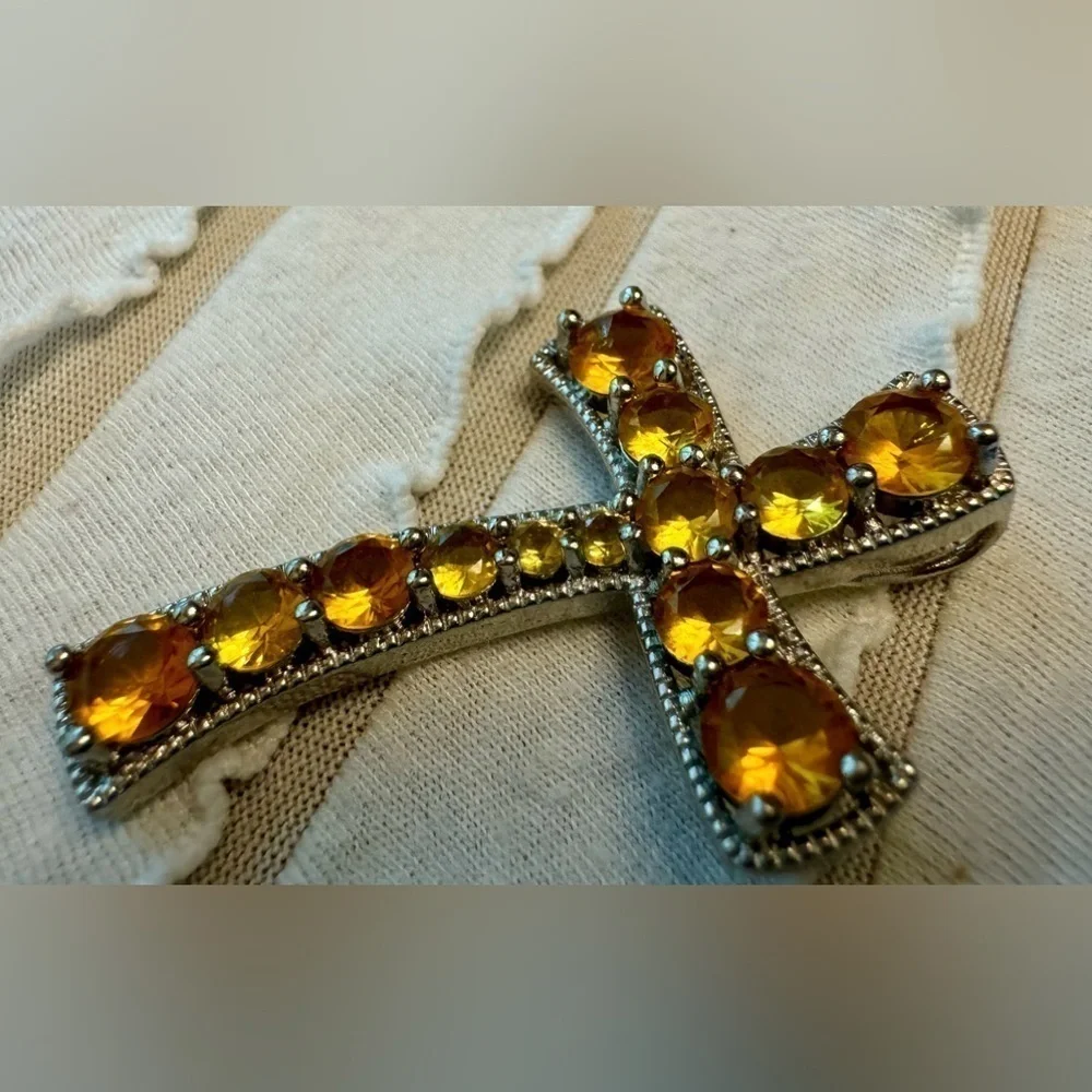Sterling Silver Cross Necklace Pendant Charm Citrine Stones November Birtbstone